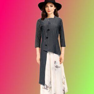BIRT UK Black Silver Pinstripe Asymmetrical Hemline Statement Tunic Sz M NEW